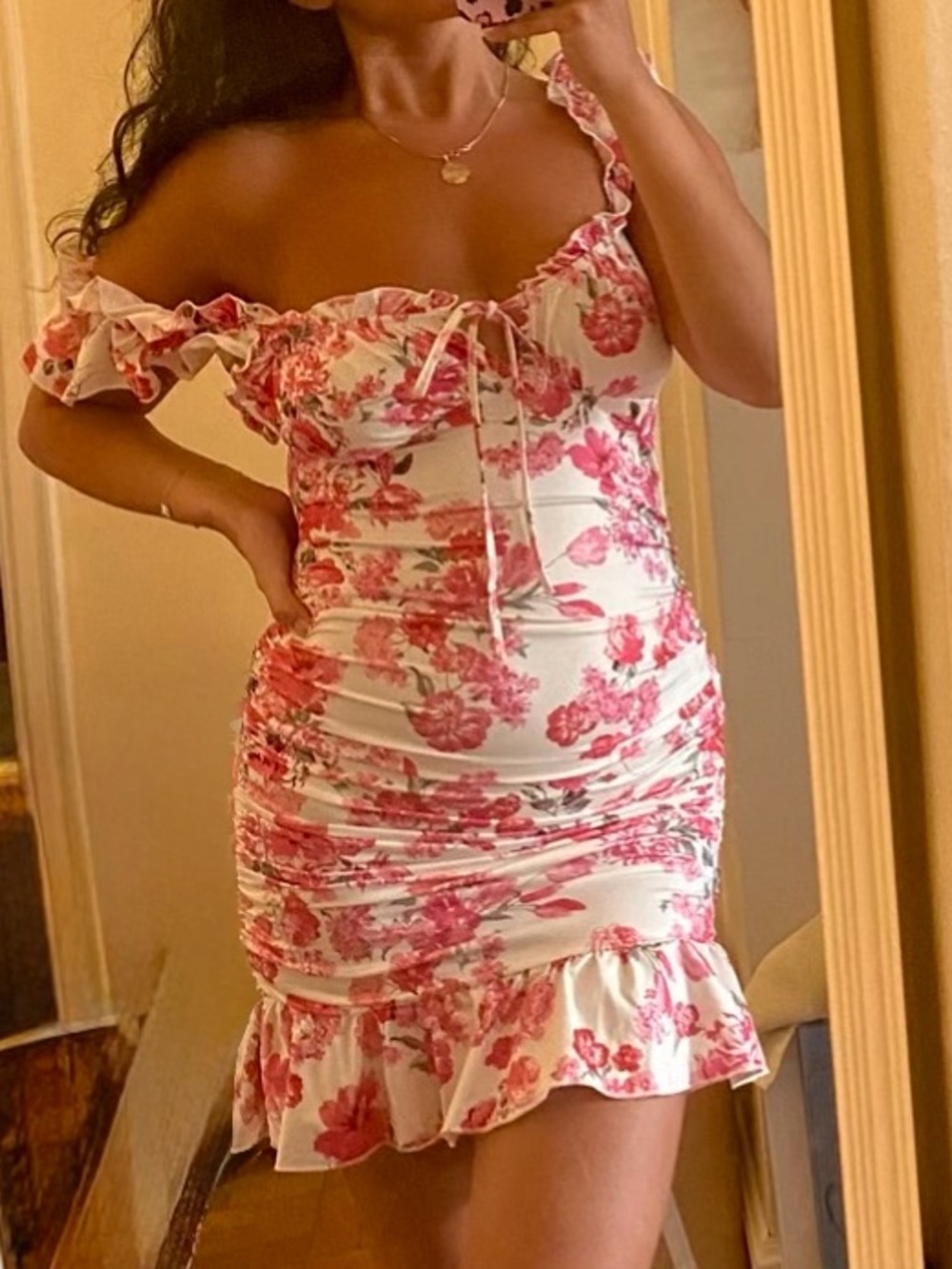 Floral Ruched Mini Dress - White & Pink